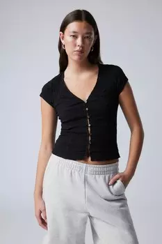 Структурированный хлопковый топ с короткими рукавами Weekday, черный