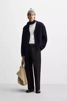 Структурированный шерстяной кардиган ZARA, темно-синий