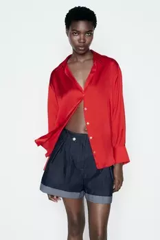 Струящаясатинная рубашка ZARA, красный