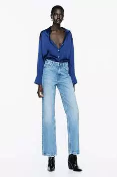 Струящаяся атласная рубашка ZARA, синий