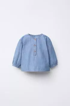 Струящаяся джинсовая рубашка хенли ZARA, средне-синий