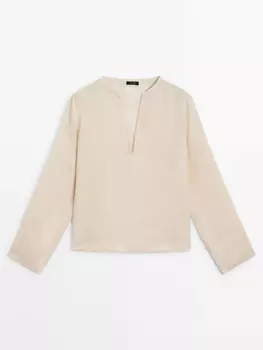 Струящаяся рубашка из 100% лиоцелла с V-образным вырезом Massimo Dutti, бежевый