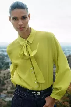 Струящаяся рубашка с бантом ZARA, цвет Lime