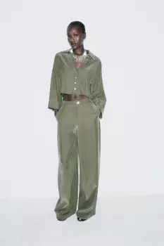 Струящаяся укороченная рубашка ZARA, хаки