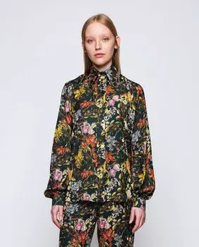 Струящаяся женская блузка с цветочным принтом и потайными пуговицами Mirto, темно-зеленый