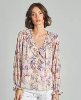 Струящаяся женская блузка с принтом, бантом на шее и оборками Alma en Pena, лиловый