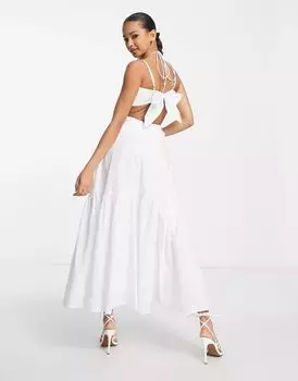 Струящееся платье цвета слоновой кости длиной до икры с вырезом и вырезом Bardot