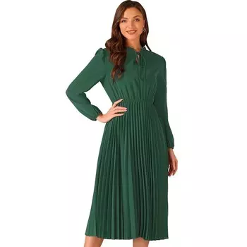 Струящееся платье трапециевидной формы для женщин, плиссированное платье макси с длинными рукавами и завязками, V-образным вырезом ALLEGRA K, цвет Dark Green