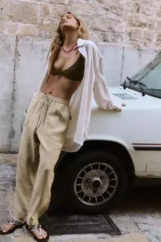Струящиеся укороченные брюки ZARA, коричневый/темно-серый