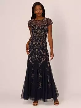 Студийное платье godet из бисерной сетки Adrianna Papell, цвет Navy/Rose Gold