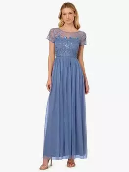 Студийное платье макси с гофрированной сеткой из бисера Adrianna Papell, светло-синий