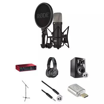 Студийный комплект микрофонов RODE NT1 Signature Series с интерфейсом Scarlett 2i2, мониторами и аксессуарами (черный)