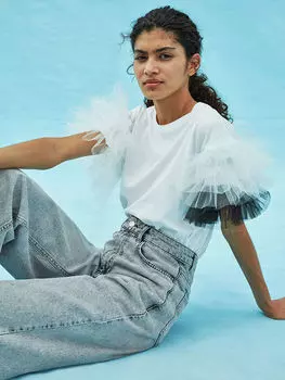 SUDI ETUZ X LC WaikikiI Женская ФУТБОЛКА LUIS С КРУГЛЫМ ВЫРЕЗОМ И РУКАВОМ С БАХРОМОЙ LC WaikikiI