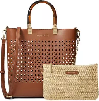 Сумка Anne Klein Small Perf Tote w/ Straw Pouch, цвет Saddle/Natural