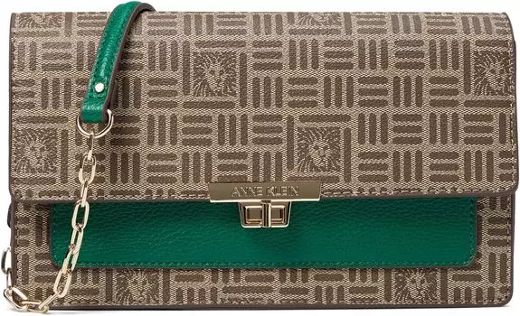 Сумка Anne Klein Tile Lion Logo East/West Flap Shoulder Bag, цвет Cream Brown/Palm Leaf