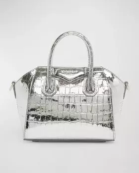 Сумка Antigona Toy с верхней ручкой из кожи с металлизированным тиснением под крокодила Givenchy, цвет Light Silver
