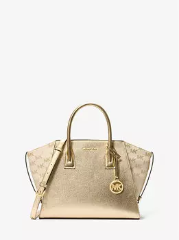 Сумка Avril большого размера из металлизированной кожи и жаккарда с логотипом Michael Kors, золотой