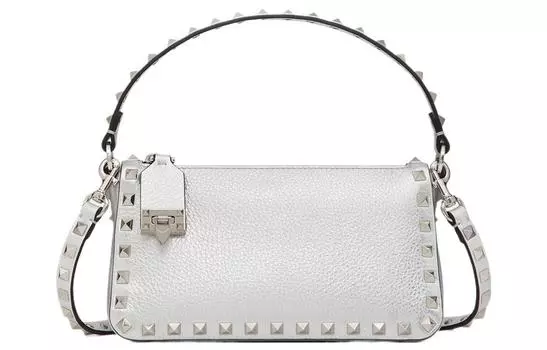Сумка-багет Rockstud из зернистой телячьей кожи, сумка-мессенджер, женский, небольшого размера, серебристого цвета Valentino