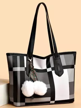 Сумка большая в клетку, серый / белый