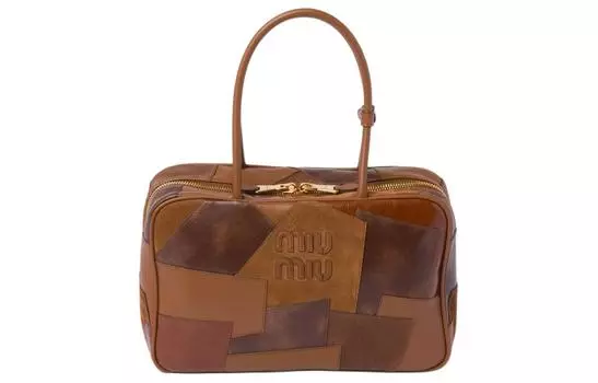 Сумка-боулинг из коровьей и овчинной кожи в стиле пэчворк, женская, через плечо, коньячного цвета MIU MIU