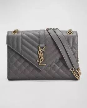 Сумка через плечо Envelope Triquilt Medium YSL из зерненой кожи Saint Laurent, цвет Storm