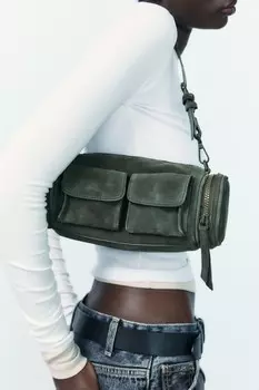Сумка через плечо из замши с карманами ZARA, зеленый