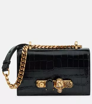 Сумка через плечо Jeweled Satchel Mini с тиснением под крокодила Alexander McQueen, черный