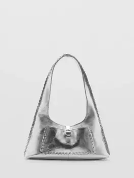 Сумка через плечо Mango Nat Metallic Leather Stitch Detail, серебряный
