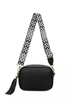 Сумка через плечо Moka из искусственной кожи с кисточками на молнии и холщовым ремешком Fontanella Fashion, черный