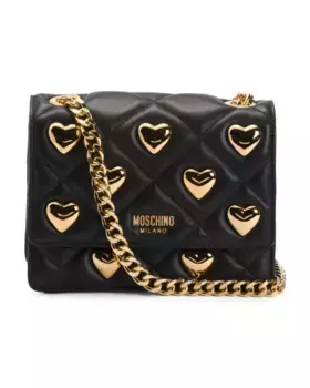 Сумка через плечо с фурнитурой и цепочкой в форме сердца из кожи наппа производства Италии Moschino, черный