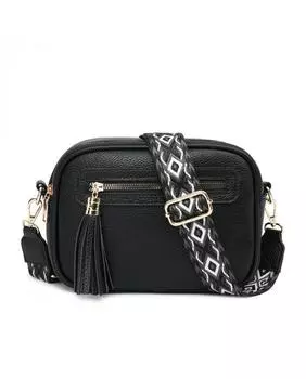 Сумка через плечо с холщовым ремешком и двумя секциями на молнии с кисточками JFY, черный