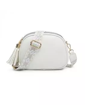 Сумка через плечо с холщовым ремешком и тремя секциями на молнии с кисточками JFY, белый