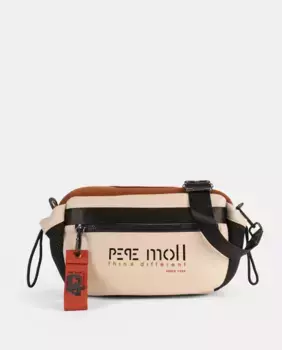 Сумка через плечо в сочетании с неопреном, по бокам с декоративными карманами, передним внешним карманом на молнии и небольшим задним карманом Pepe Moll, бежевый