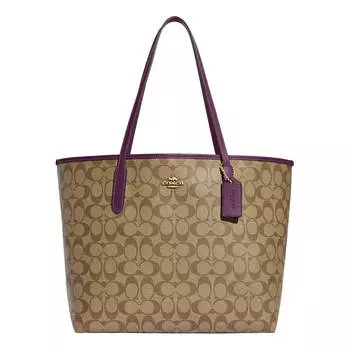Сумка Coach Outlet City Tote in Signature Canvas, бежевый/фиолетовый