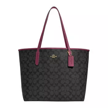 Сумка Coach Outlet City Tote in Signature Canvas, темно-серый/вишневый