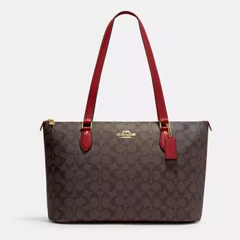 Сумка Coach Outlet Gallery Tote In Signature Canvas, золотой/коричнево-красный