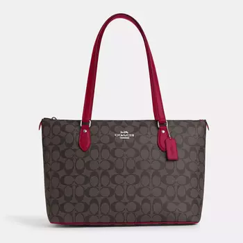 Сумка Coach Outlet Gallery Tote In Signature Canvas, серебристый/коричневый/ярко-фиолетовый