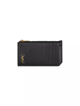 Сумка для кредитных карт Tiny Monogram Zipped Fragments из зерненой кожи Saint Laurent, черный