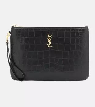 Сумка для планшета из кожи с эффектом крокодила Saint Laurent, черный