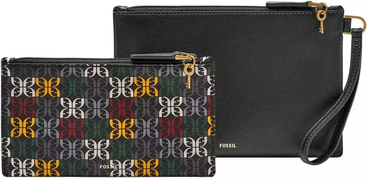 Сумка Fossil Gift Set PVC Small/Large Wristlet, цвет Black Hertiage Logo Print Multi