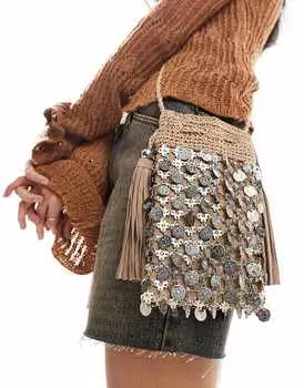 Сумка Free People с пайетками и кисточками песочного цвета