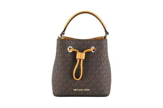 Сумка-хобо из кожи Suri Small с завязками на ремне и кулиской (цвет Marigold/Brown Signature) Michael Kors
