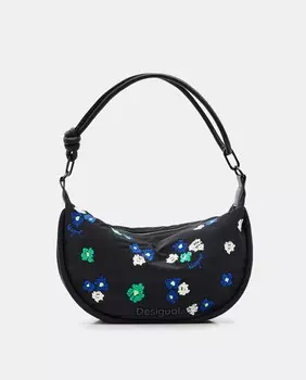 Сумка-хобо из нейлона Floriflanel среднего черного цвета с цветочной вышивкой Desigual, черный
