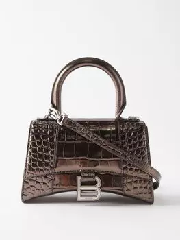 Сумка hourglass xs из кожи с тиснением под крокодила Balenciaga, коричневый