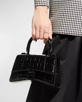 Сумка Hourglass XS с блестящей ручкой и тиснением под крокодила Balenciaga