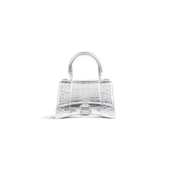 Сумка Hourglass XS с тиснением под крокодила BALENCIAGA, серебряный