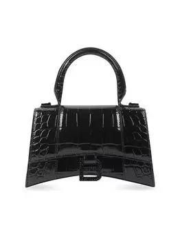 Сумка Hourglass XS с тиснением под крокодила и стразами Balenciaga, черный