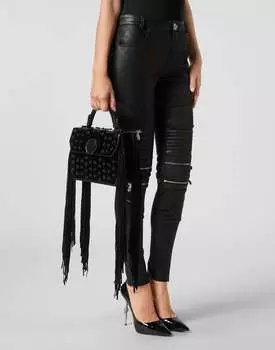 Сумка из лакированной кожи Superheroin с бахромой и средней ручкой со звездами Philipp Plein, черный