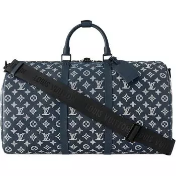 Сумка Keepall из ткани с покрытием и кожи Monkey, сумка через плечо, сумка через плечо, дорожная сумка для мужчин LOUIS VUITTON, Ink Blue & White