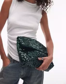 Сумка-клатч Topshop Georgia в сложенном виде с пайетками зеленого цвета